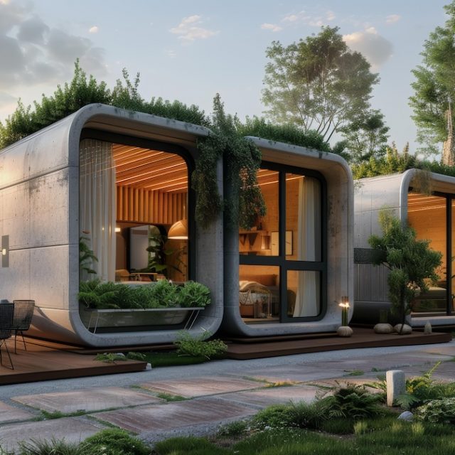 3D printet houses with grass on the roof and a lot of plants around