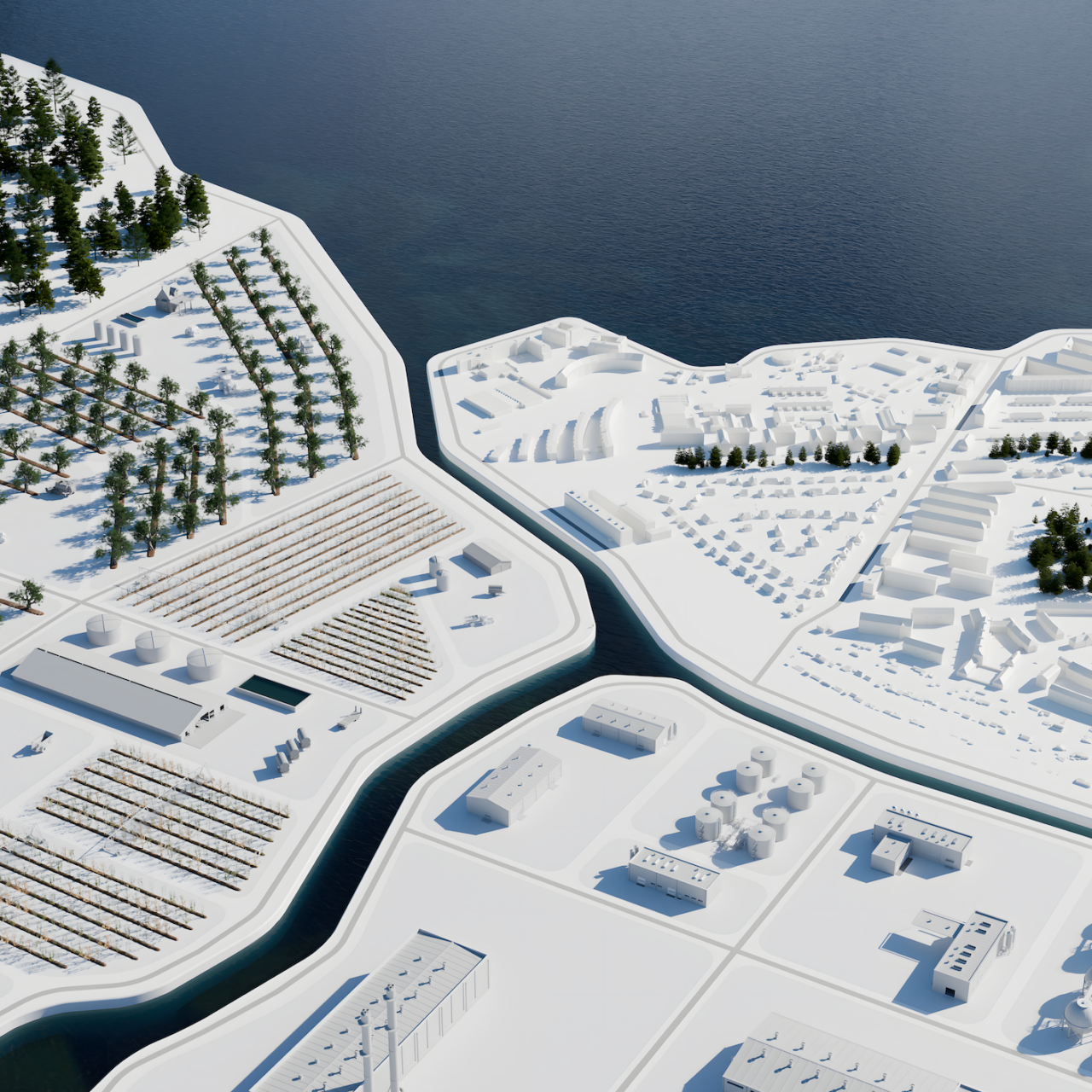 A white 3D render of some artificial islands with buildings