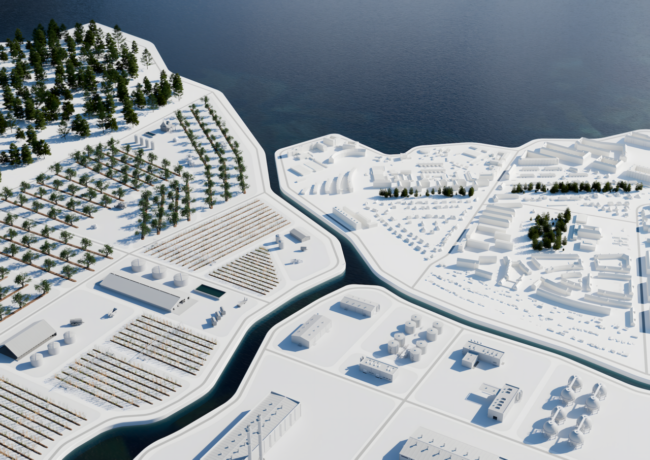 A white 3D render of some artificial islands with buildings