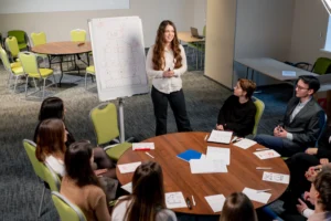 Business conference hotel woman pitch